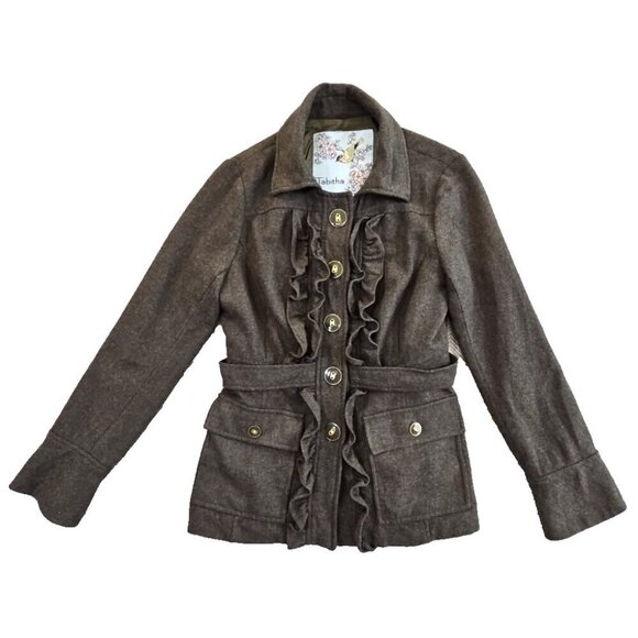 Anthropologie Tabitha Military Blazer Women 6 Green Wool Blend Ruffle NB095 EUC - Picture 1 of 14